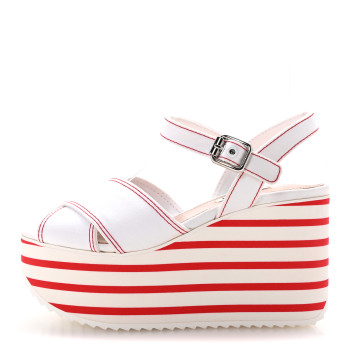 MIU MIU Gabardine Striped Platform Wedge Sandals 36 White Rosso