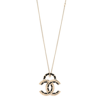 CHANEL Metal Lambskin CC Pendant Necklace Black Gold