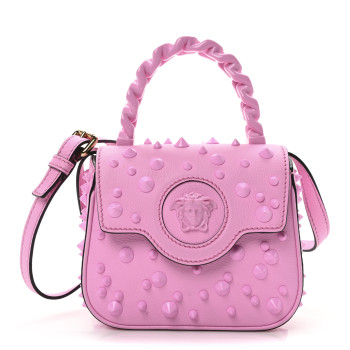 VERSACE Grained Calfskin Spiked Micro La Medusa Bag Pink Paradise