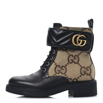 GUCCI Flores Calfskin Monogram Maxi GG Nappa Matelasse Double G 40mm Ankle Boots 36 Black Camel Ebony
