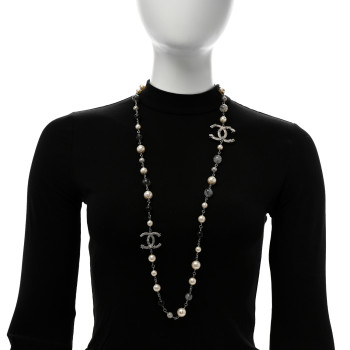 CHANEL Pearl Beaded Star CC Long Necklace Silver