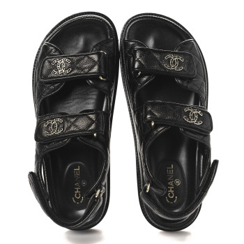 CHANEL Grained Calfskin Velcro Dad Sandals 38 Black