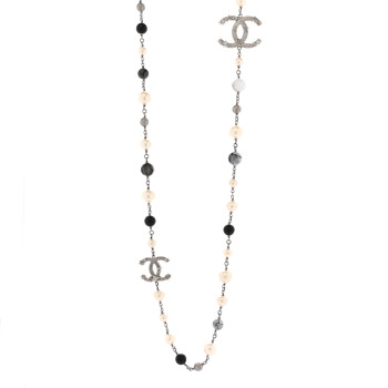 CHANEL Pearl Beaded Star CC Long Necklace Silver