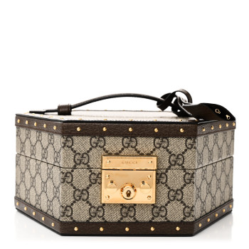 GUCCI GG Supreme Monogram Textured Dollar Calfskin Studded Padlock Hexagon Top Handle Case Beige Ebony New Acero