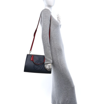 GUCCI Dollar Calfskin Medium Soho Top Handle Satchel Blue Hibiscus Red Mystic White