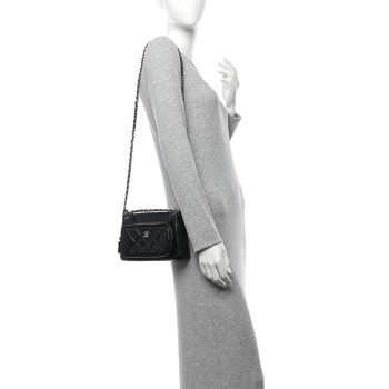 CHANEL Shiny Crumpled Lambskin Quilted Mini Preppy Pocket Clutch With Chain Black
