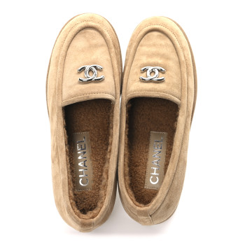 CHANEL Suede Calfskin CC Loafers 38 Dark Beige