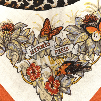 HERMES Cashmere Silk Jungle Love Giant Triangle Scarf Orange Cuit Naturel Vert