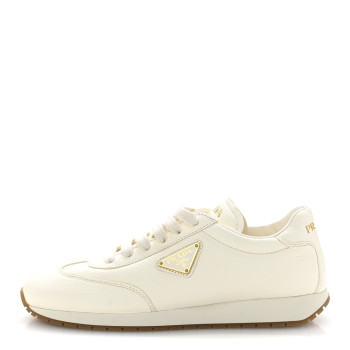 PRADA Calfskin Metal Triangle Logo Womens Sneakers 38.5 Neutral