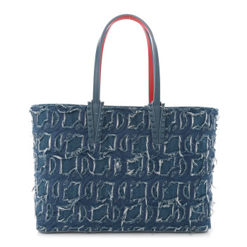 CHRISTIAN LOUBOUTIN Denim Embroidered Spikes East West Cabata Tote Blue