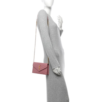SAINT LAURENT Grain De Poudre Matelasse Chevron Monogram Envelope Chain Wallet Dark Rose