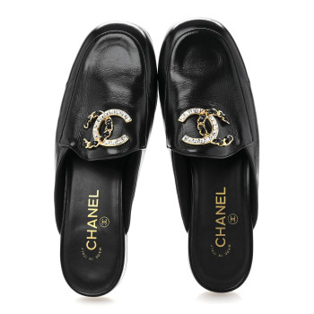 CHANEL Shiny Calfskin Crystal CC Mules 39 Black