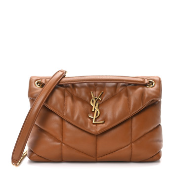 SAINT LAURENT Lambskin Quilted Small Loulou Puffer Monogram Chain Satchel Dark Honey