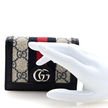 GUCCI GG Supreme Monogram Textured Dollar Calfskin Web Ophidia Card Case Beige Blue