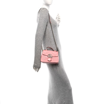 GUCCI Calfskin Matelasse Mini GG Marmont Top Handle Shoulder Bag Wild Rose