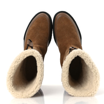 HERMES Suede Shearling Calfskin Womens Journey Ankle Boots 37 Brun Fumé Ecru