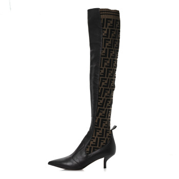 FENDI Nappa Microfiber Fabric FF Rockoko Thigh High Boots 40 Ebano Tobacco Black