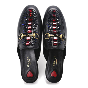 GUCCI Malaga Kid Crystal Embroidered Womens Princetown Slippers 36.5 Black