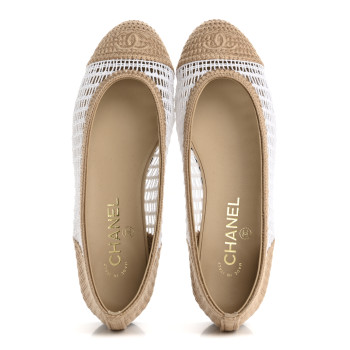 CHANEL Raffia Cap Toe Ballerina Flats 38.5 White Beige
