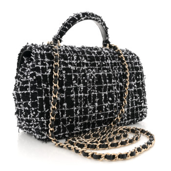 CHANEL Tweed Quilted Mini Top Handle Rectangular Flap Black White