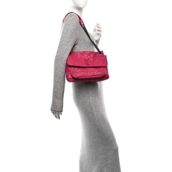 SAINT LAURENT Crinkled Calfskin Matelasse Monogram Medium Niki Chain Satchel Freesia