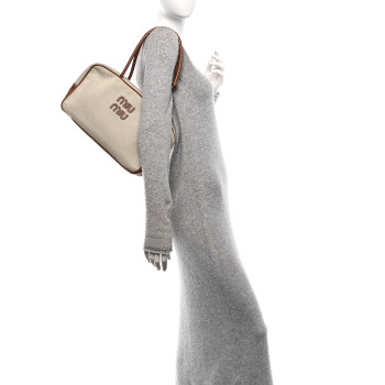 MIU MIU Canvas Calfskin Large Beau Top Handle Bag Naturale Brandy