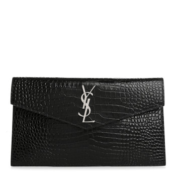 SAINT LAURENT Calfskin Crocodile Embossed Uptown Monogram Pouch Black