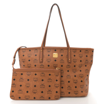 MCM Visetos Medium Anya Top Zip Shopper Tote Cognac