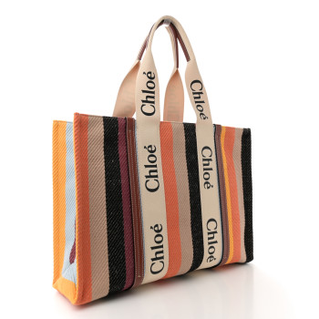 CHLOE Cotton Calfskin Large Woody Striped Tote Multicolor