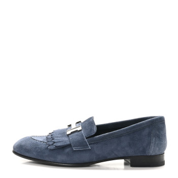 HERMES Suede Goatskin Womens Royal Loafers 35.5 Bleu Celeste