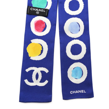 CHANEL Silk Coco Slim Polka Dot Bandeau Scarf  Blue White Multicolor