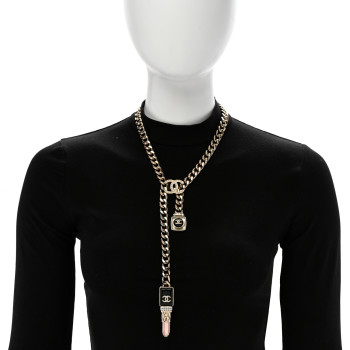 CHANEL Metal Strass Pearl Lipstick Necklace Pink Gold