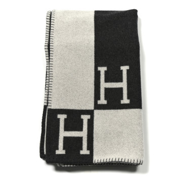HERMES Wool Cashmere Avalon Blanket Ecru Gris Fonce