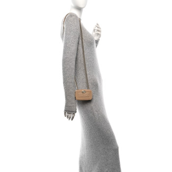 CHANEL Caviar Chevron Quilted Mini Boy Clutch With Chain Beige