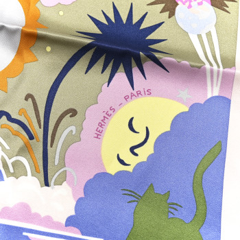 HERMES Silk Au Royaume d'Helios Scarf 70 Vert Amande Parme Ocre