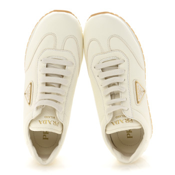 PRADA Calfskin Metal Triangle Logo Womens Sneakers 38.5 Neutral