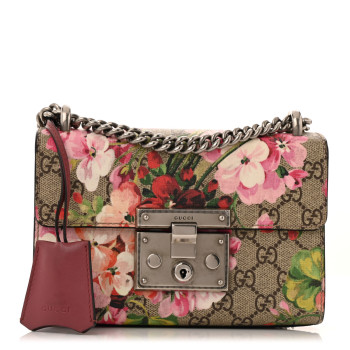 GUCCI GG Supreme Monogram Blooms Small Padlock Shoulder Bag Beige Multicolor Dry Rose