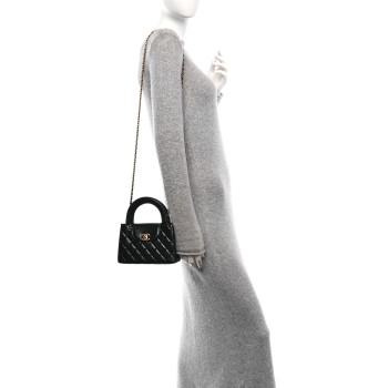 CHANEL Shiny Aged Calfskin Quilted Nano Kelly Shopper Black