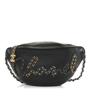 CHANEL Calfskin Chain 20s Signe Waist Bag Black
