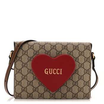 GUCCI GG Supreme Monogram Script Logo Heart Crossbody Bag Beige Brown