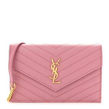 SAINT LAURENT Grain De Poudre Matelasse Chevron Monogram Envelope Chain Wallet Dark Rose