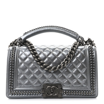 CHANEL Metallic Calfskin Quilted Medium Top Handle Boy Flap Silver