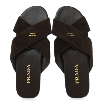 PRADA Suede Crisscross Slide Sandals 38.5 Moro