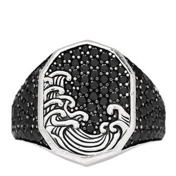 DAVID YURMAN Sterling Silver Black Diamond Pave Waves Signet Ring 62 10