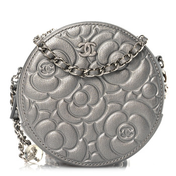 CHANEL Goatskin Camellia Embossed Round Clutch With Chain Grey