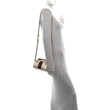 GUCCI GG Supreme Monogram Textured Dollar Calfskin Web Super Mini Ophidia Top Handle Bowler Bag Beige Mystic White Oatmeal