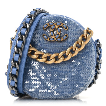 CHANEL Sequin Chanel 19 Round Clutch With Chain Light Blue