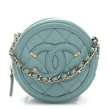CHANEL Caviar Quilted Round Filigree Crossbody Light Blue