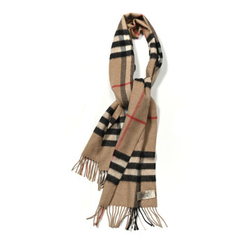 BURBERRY Cashmere Giant Check Fringe Scarf Archive Beige