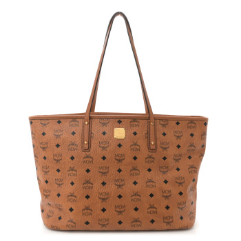 MCM Visetos Medium Anya Top Zip Shopper Tote Cognac